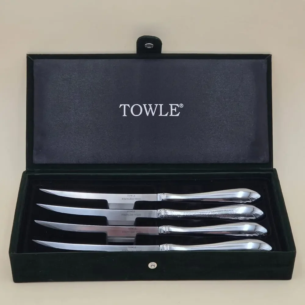 Towle Silversmiths Set Of 4 Stainless Steel Steak Knives Green Felt Box *CRAZING